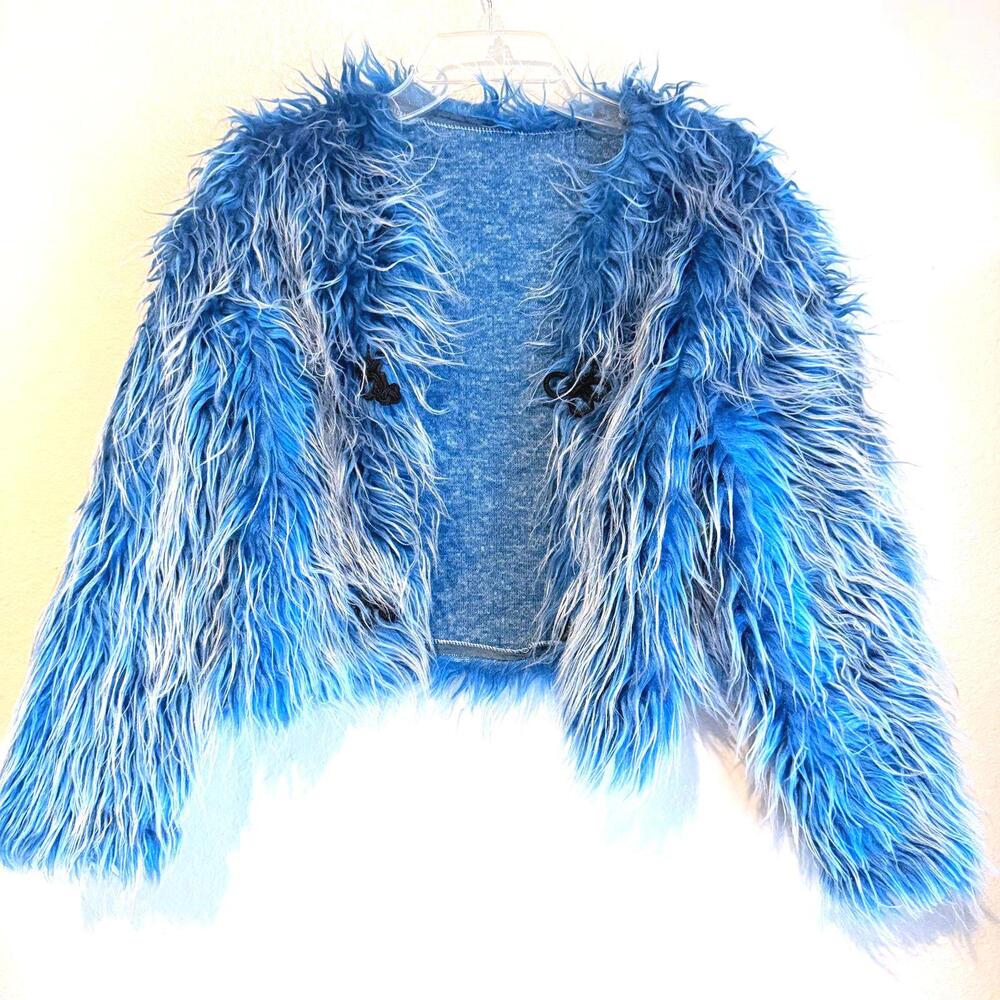 OOAK Fabulous Long Sleeve Blue and White Faux Fur Cropped Festival Jacket